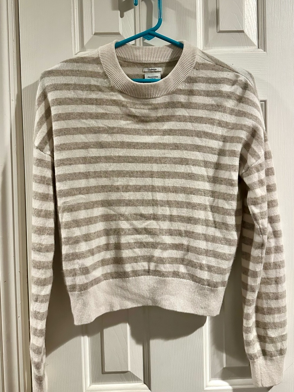 Abercrombie & Fitch 100% Cashmere Striped Crewneck Sweater - Cream & Light Taupe